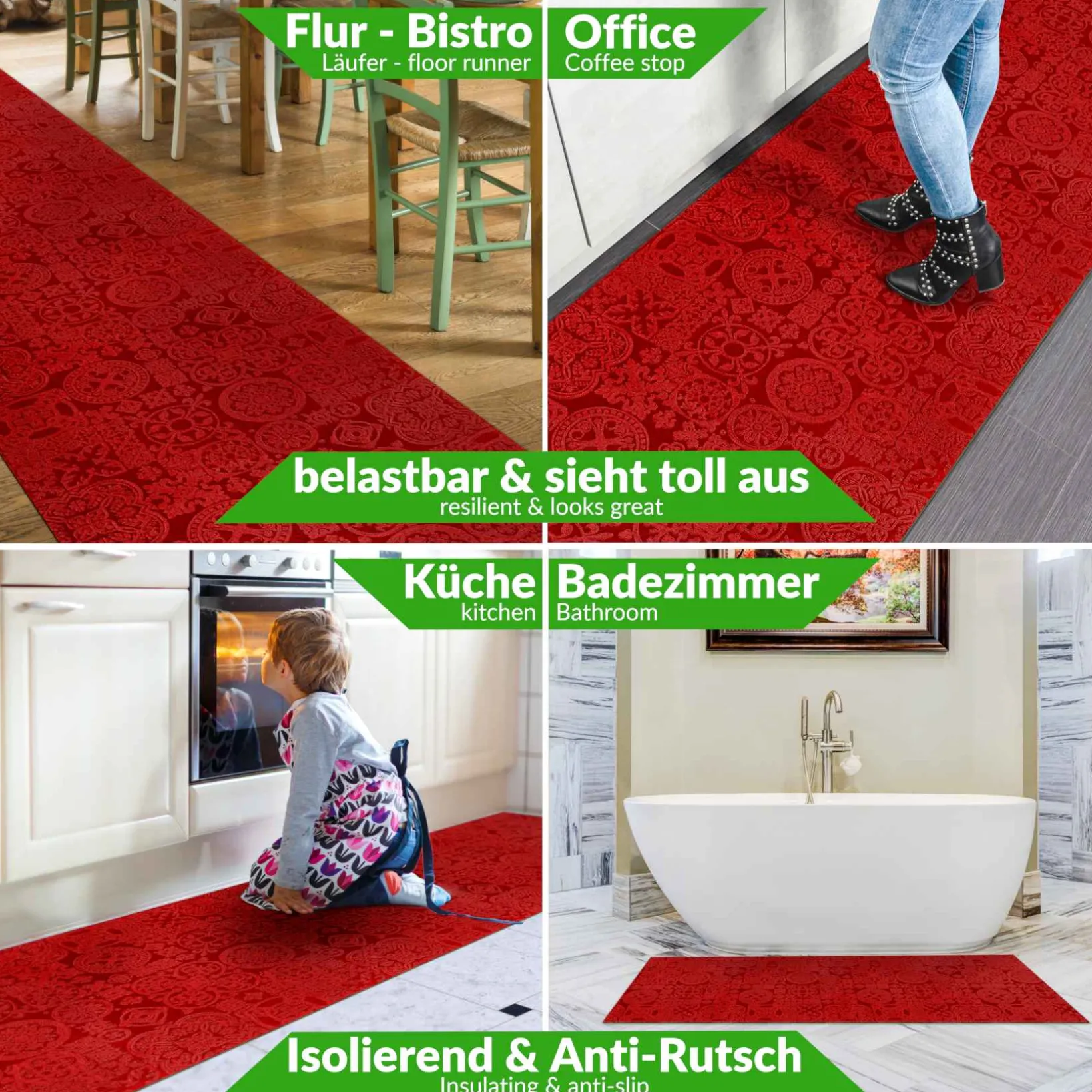 Teppichläufer Flurläufer Küchenläufer Velours waschbar rutschfest Jacquard Teppich Sisi Raku Rot 65cm Breit