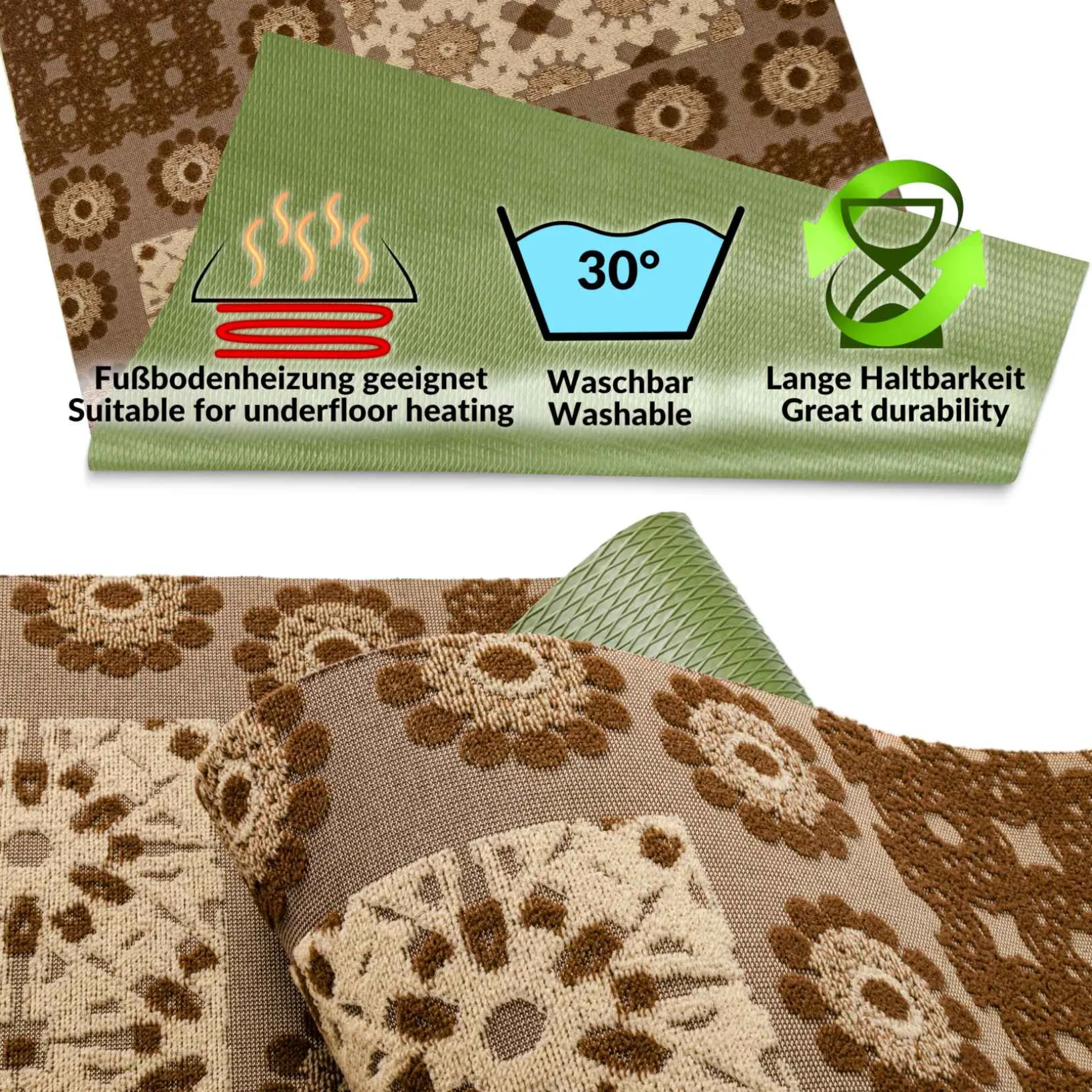 Teppichläufer Flurläufer Küchenläufer Velours waschbar rutschfest Sisi Bisquit Braun 50cm Breit