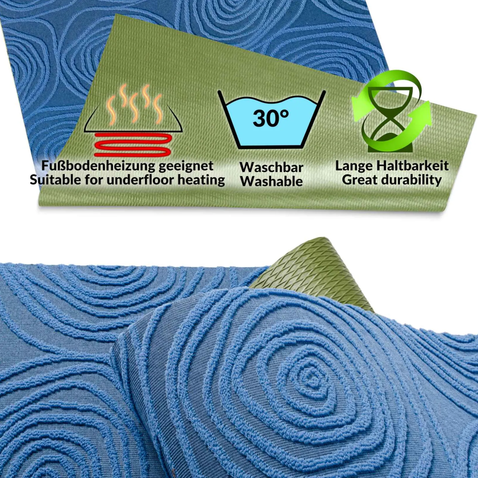 Teppichläufer Flurläufer Küchenläufer Velours waschbar rutschfest Sisi Essence Blau 50cm Breit