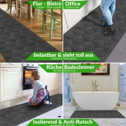 Teppichläufer Velours Küchenläufer Veloursteppich rutschfest waschbar Blätter Ornament Anthrazit 65cm Breit