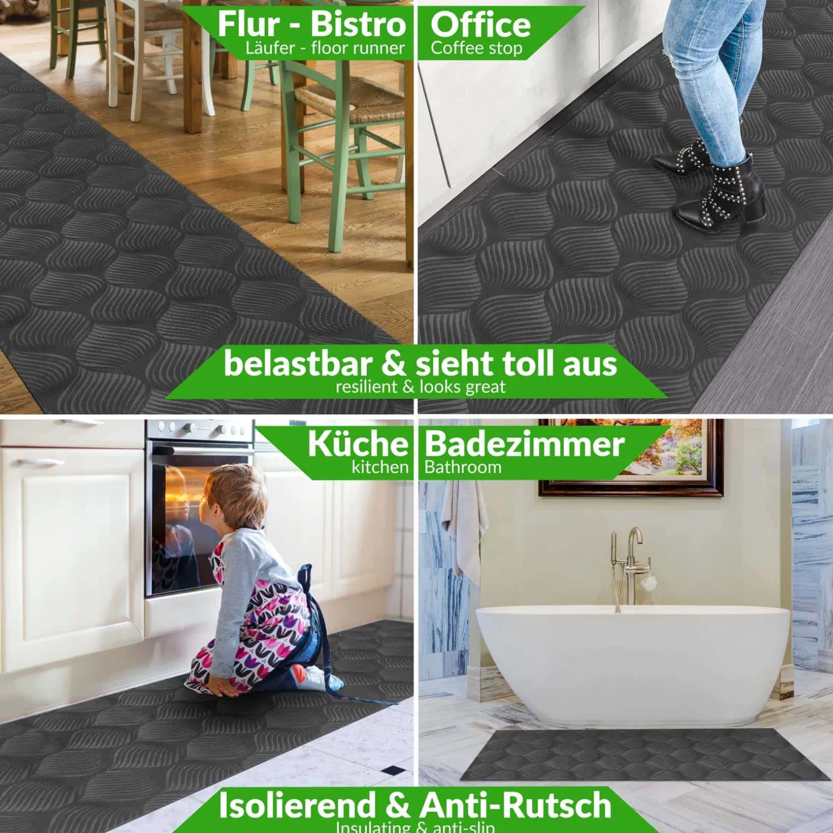 Teppichläufer Velours Küchenläufer Veloursteppich rutschfest waschbar Blätter Ornament Anthrazit 65cm Breit