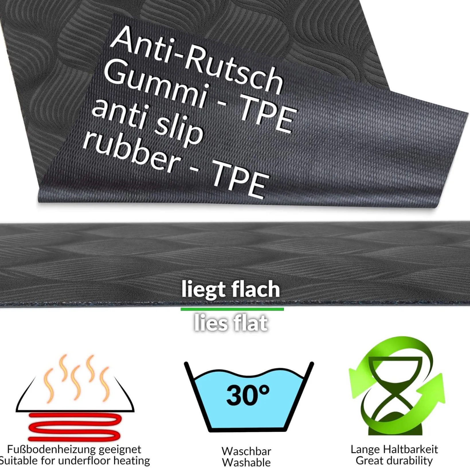 Teppichläufer Velours Küchenläufer Veloursteppich rutschfest waschbar Blätter Ornament Anthrazit 65cm Breit