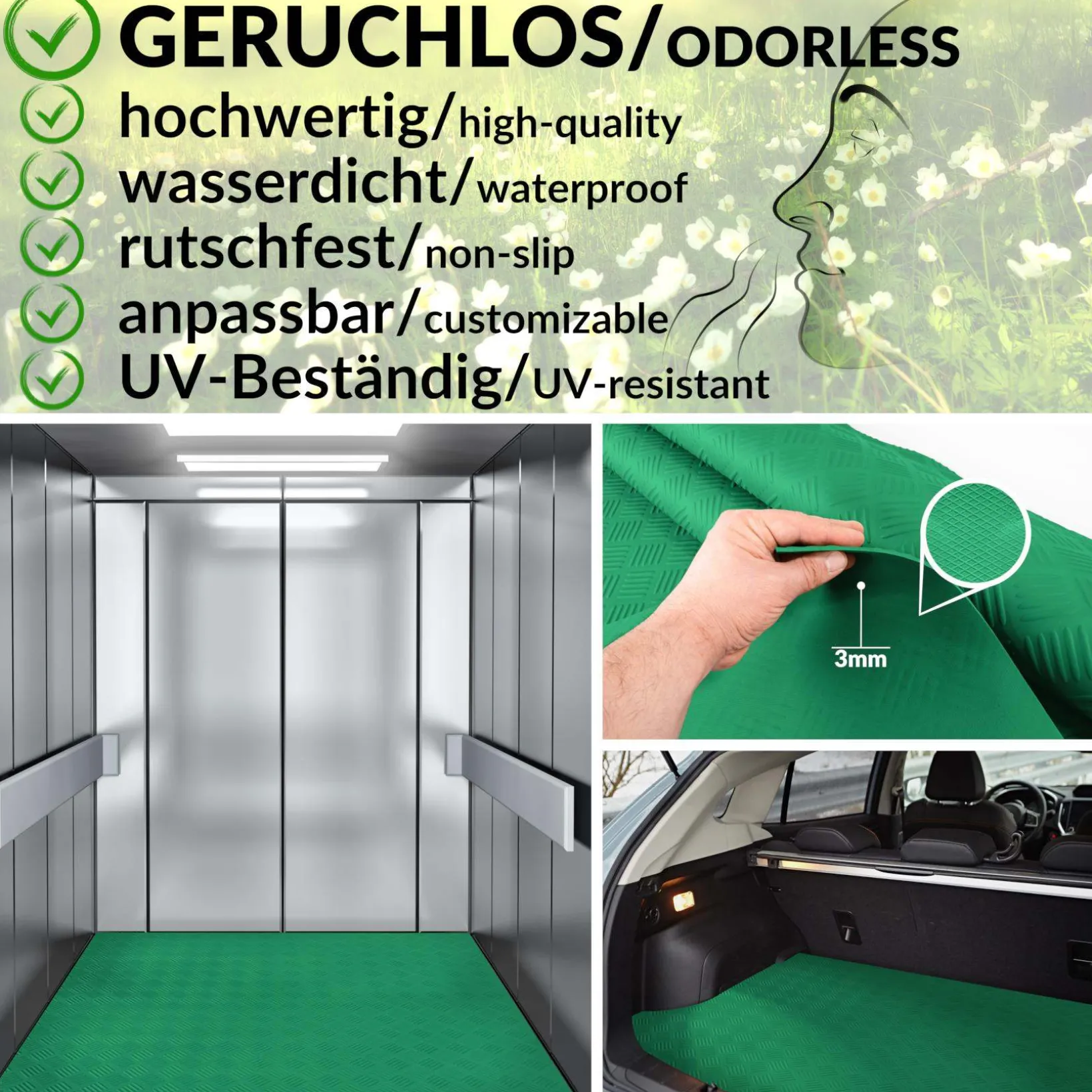 TPE Gummimatten Bodenbelag Meterware geruchsarm Riffelblechoptik Grün 3mm – 100 cm breit Rollenware