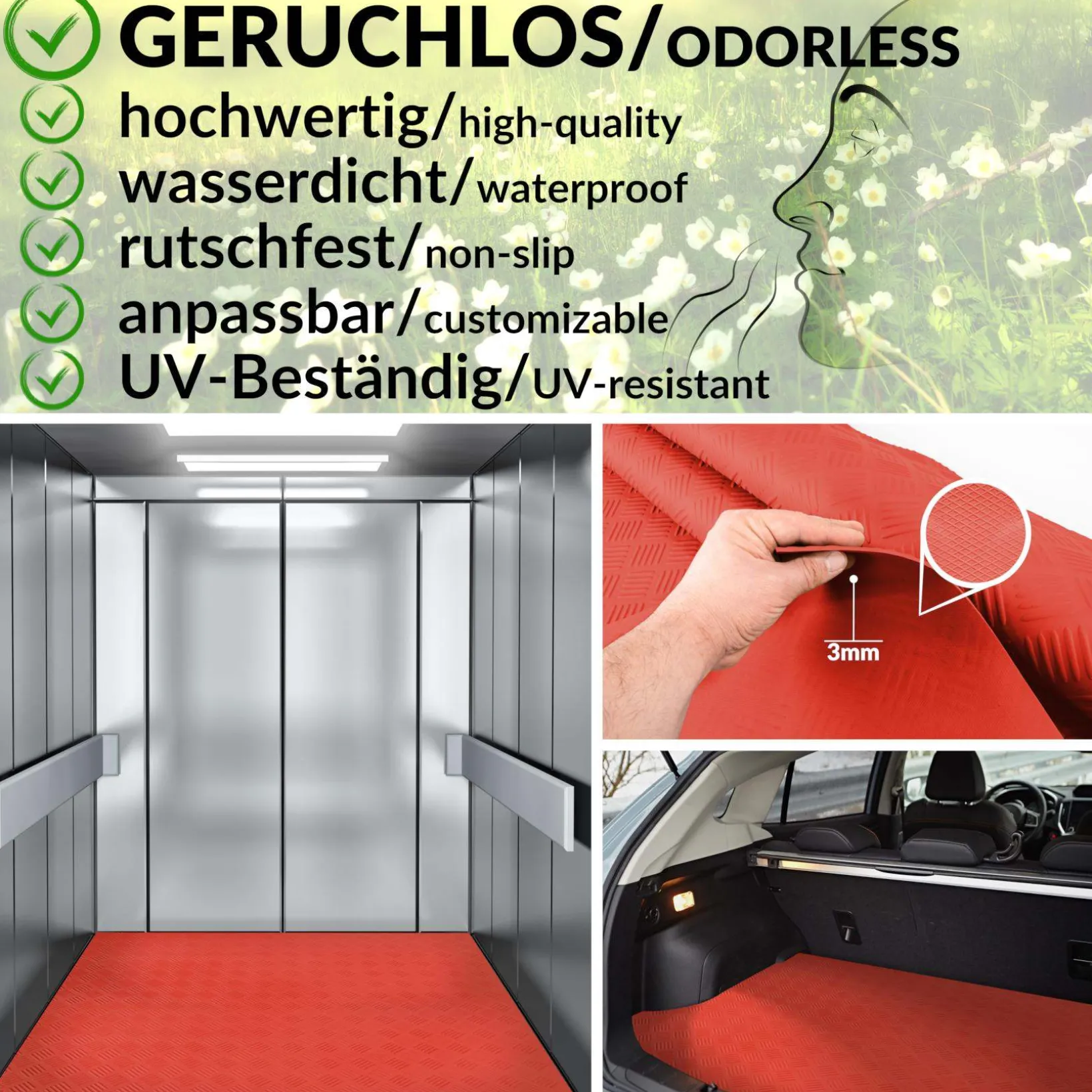 TPE Gummimatten geruchsarm Meterware Riffelblechoptik Rot Gummi 3mm -100 cm breit Rollenware