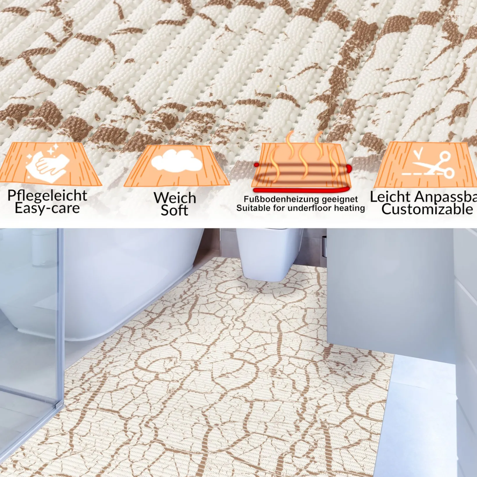 Weichschaummatte Badematte Weichschaum Bad Marmor Beige Breite 130cm Meterware