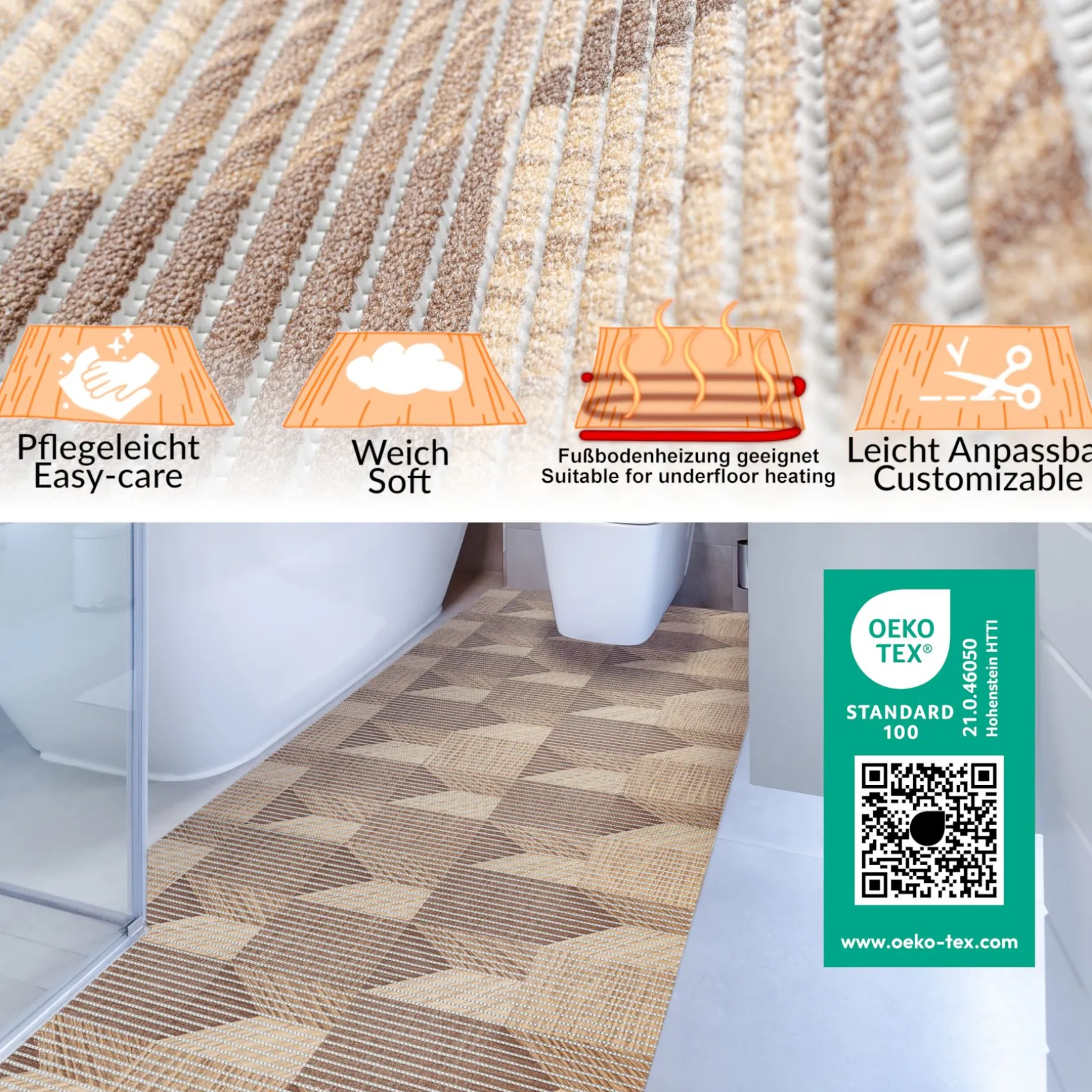 Weichschaummatte Bad Weichschaum Badematte 3D Holzoptik 2 Farben Braun Grau 65cm Breite